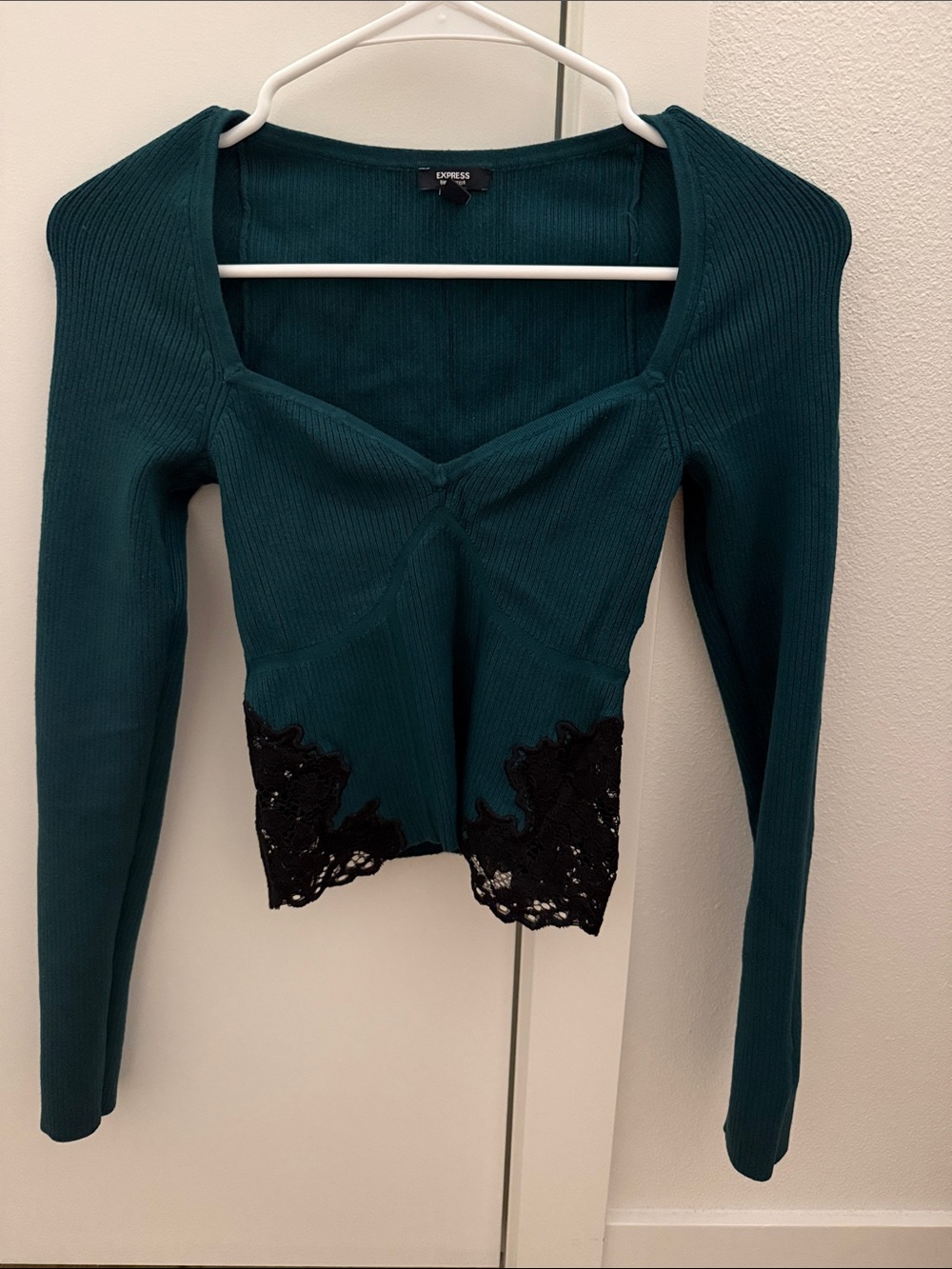 Express Teal Ribbed Long Sleeve Top with Black Lace Hem